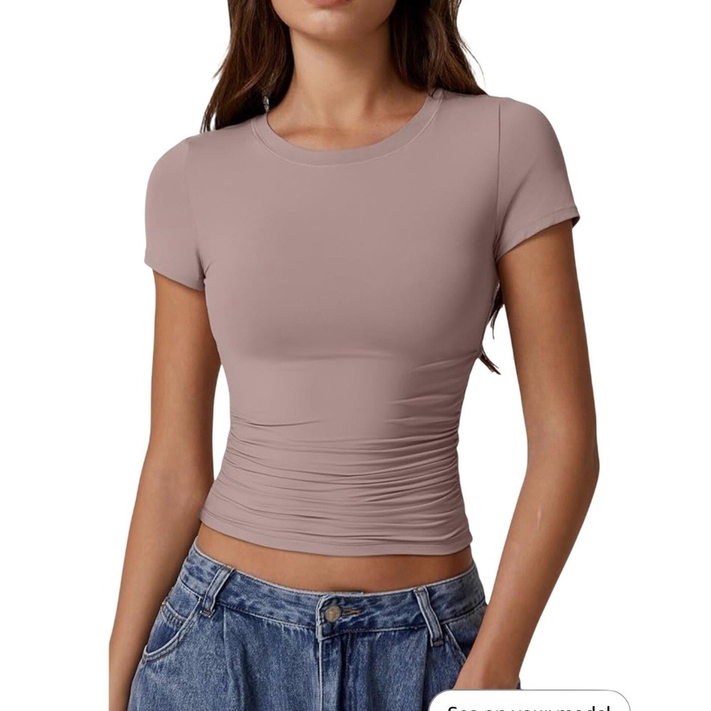 QINSEN Womens Rose Taupe Double Layer Short Sleeve‎ Slim Fit Crew Neck T-Shirt M